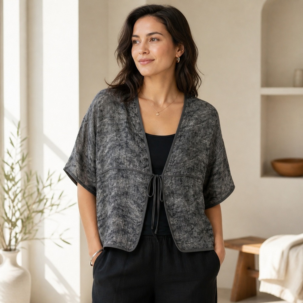 Eileen Fisher System Boxy Linen Gauze Jacket Silk Trim Gray M